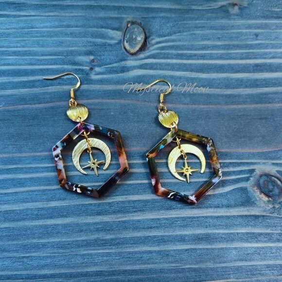 Celestial Dangle Acrylic Earrings Geometric Multi Colored Hexagon Stars & Moon - Picture 3 of 5